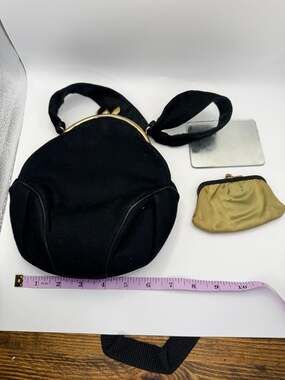 Vintage Black Velvet Handbag With Coin Purse And Mirror